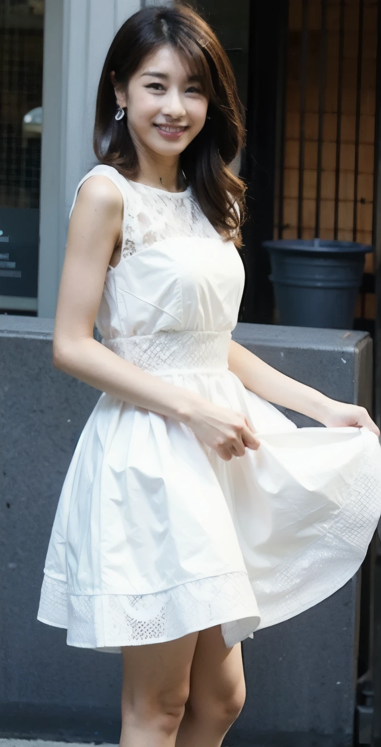 ulzzang-6500-v1.1, (genuine:1.4), (muste piece), (highest quality, 8k, 32K, masterpiece, Hmm:1.2),Photos of beautiful Japanese women,(sad smile,blush:1.1),looking at the viewer,(beautiful detailed dress skirt:1.2),leg details,(spread your legs:0.9),(lace panties:0.9),(super realistic pantyhose:1.2),(wind lift:1.6), whole body,the wind is strong,city,outdoors