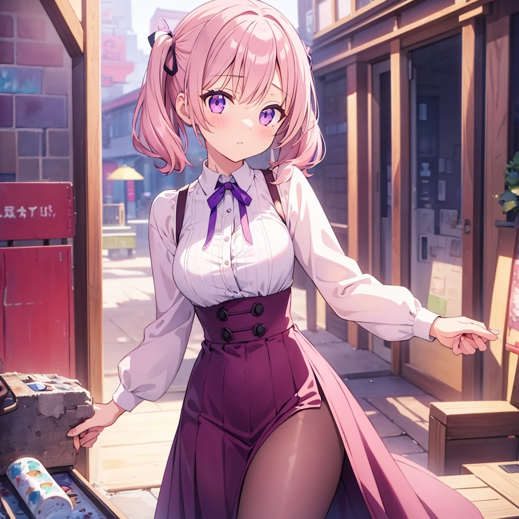 one woman, alone, middle aged, Beautiful woman、I could see the whole body、 ((short hair)), ((brown eyes, beautiful eyelashes, realistic eyes)), ((detailed face, blush:1.2)), ((smooth texture:0.75, realistic texture:0.65, realistic:1.1, Anime CG style)), glamorous body, big breasts, dynamic angle, perfect body,  ((purple transparent prowse, red skirt))、(Hotel stairs)、It&#39;s windy、(Very embarrassing panic smile)、looked back、I can see her ass sticking out in front of me..、Angle looking up from the bottom of the stairs、 (((The wind turned up my skirt、My butt is now completely visible..、Pink floral panties)))、((table top, highest quality, High resolution, perfect pixel,  4K,))), 