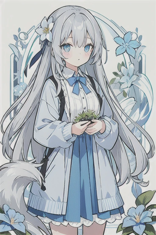 Gray hair、Very long hair · side tail on the right side · eyes of a different color 、Left eye is light blue、Right eye is gray · flower-shaped pupil · loose blouse · light blue cardigan · light blue skirt · gray ribbon attached to collar · girl · quiet · light blue flower field · holding light blue flowers · top quality