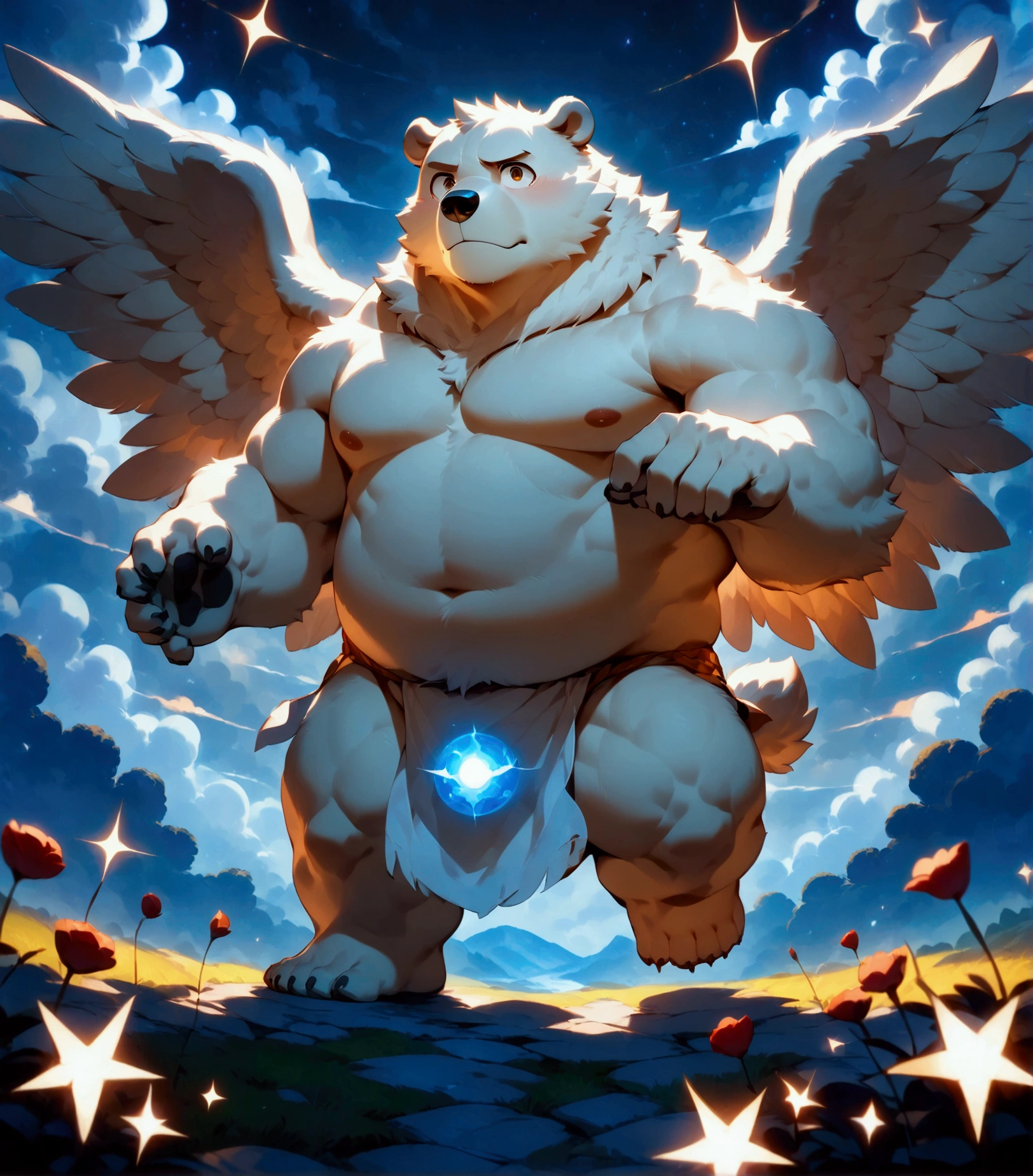 character focus, full body, looking away, dynamic angle, chibi, angel, a plump middle-aged polar bear man, angel wings, happy, light smile, loincloth, rushing wind, hold with both hands quantum electromagnetic life form sacred sphere, spinning fly, dynamic pose, BREAK complete anatomy, perfect proportions, beautiful thigh gap, fluffy body, intricate fur details, beautiful fur texture, BREAK detailed bear tail, detailed toe, 5toes, 5toes nails, beautiful foot, detailed hands, 5fingers, 5fingers nails, BREAK cute face, aesthetic anime face, insanity detailed face, male face, big face, square jawline, aesthetic anime eyes, detailed brown eyes, detailed brown cornea, detailed dark brown irises, detailed pupils, male eyes, big eyes, male eyebrows, innocent look, beautiful beard, BREAK full body in Michelangelo Buonarroti style, digital illustration anime, housamo style, detailed painting landscape, twilight, kaleidoscopic swirls, france, outdoor, full body, HDR, BREAK masterpiece, official art, best quality, very aesthetic, absurdres, super fine illustration, great quality, BREAK noise reduction, very highres, large filesize, high quality, 32K, 8k wallpaper, dynamic lighting, BREAK insanity detailed, ultra detailed, intricate details, extremely detailed, detailed texture, an extremely delicate and beautiful, BREAK osukemo, e621 illustration, Fur Affinity illustration, kemohomo, anthropomorphic, furry, cartoon, harmonious body, pastoral face, virtuous eyes, epic atmosphere