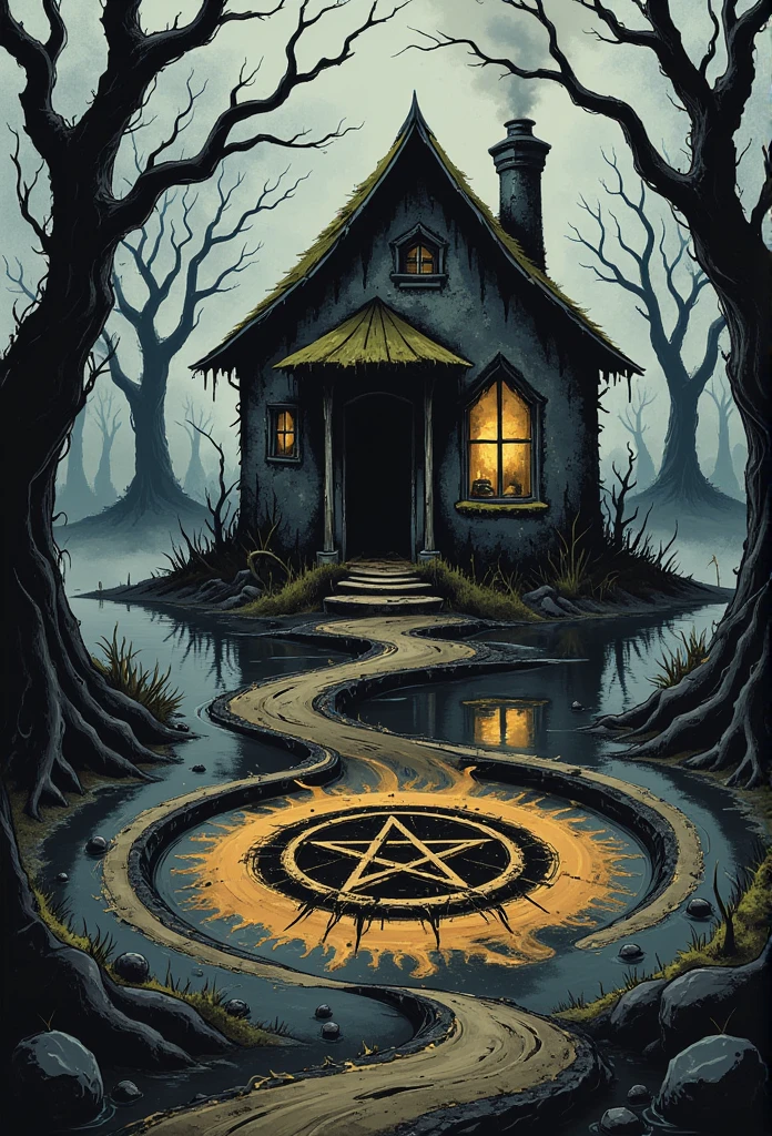 A decaying stone cottage deep in a horrific, cursed swamp, with a moss-covered roof and crumbling walls. Faint, flickering light struggles through broken windows, and dark smoke rises menacingly from the chimney. Surround the scene with dead, twisted trees, exposed roots, and rotting logs, as if the swamp has consumed everything. The water is dark and stagnant, reflecting the haunting remnants of a terrible event. Add thick mud, bones, and abandoned objects submerged in the water. In front of the cottage, place a sinister satanic figure made from twisted sticks. Draw a large satanic circle in the mud, smeared with blood, to enhance the sinister, foreboding atmosphere. The scene should be thick with fog, hanging vines, and an overwhelming sense of dread.