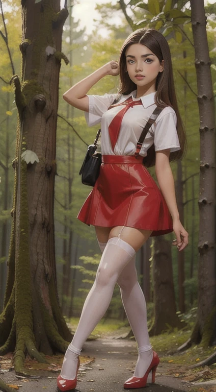 cute teen beautiful schoolgirl, beautiful cute teen face, red leather skater pinafore dress, transparent white blouse, brunet long hair, beautiful eyes. stockings, high heels shoes, schoolgirl teenager stands in the forest, photorealistic, curvy figure, грустное лицо, открытый рот.