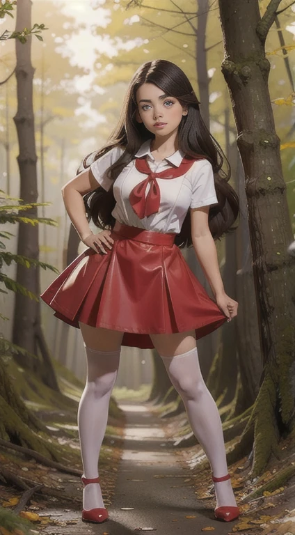 cute teen beautiful girl, beautiful cute teen face, red leather skater pinafore dress, transparent white blouse, brunet long hair, beautiful eyes. stockings, high heels shoes, schooleenager stands in the forest, photorealistic, curvy figure, грустное лицо, открытый рот.