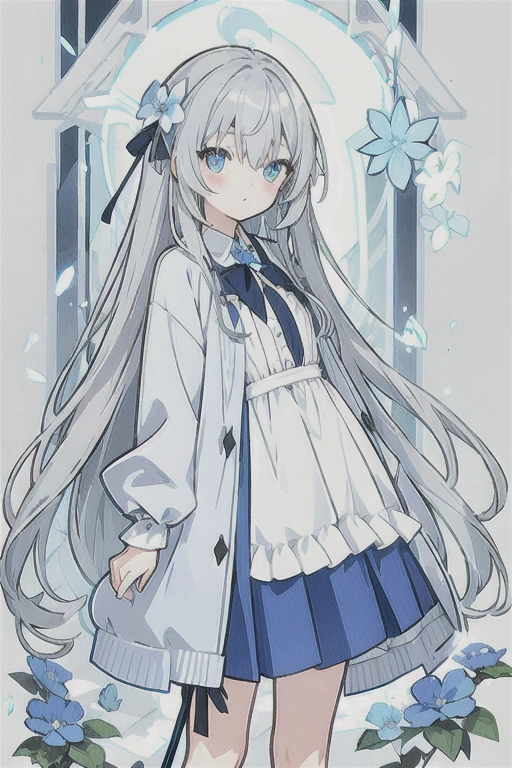 Gray hair、Very long hair · side tail on the right side · eyes of a different color 、Left eye is light blue、Right eye is gray · flower-shaped pupil · loose blouse · light blue cardigan · light blue skirt · gray ribbon attached to collar · girl · quiet · light blue flower field · holding light blue flowers · top quality