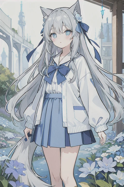 Gray hair、Very long hair · side tail on the right side · eyes of a different color 、Left eye is light blue、Right eye is gray, small breasts, white blouse, pale light blue cardigan, gray skirt, large gray ribbon attached to collar · single girl · quiet · smiling · light blue flower field · holding light blue flowers · top quality