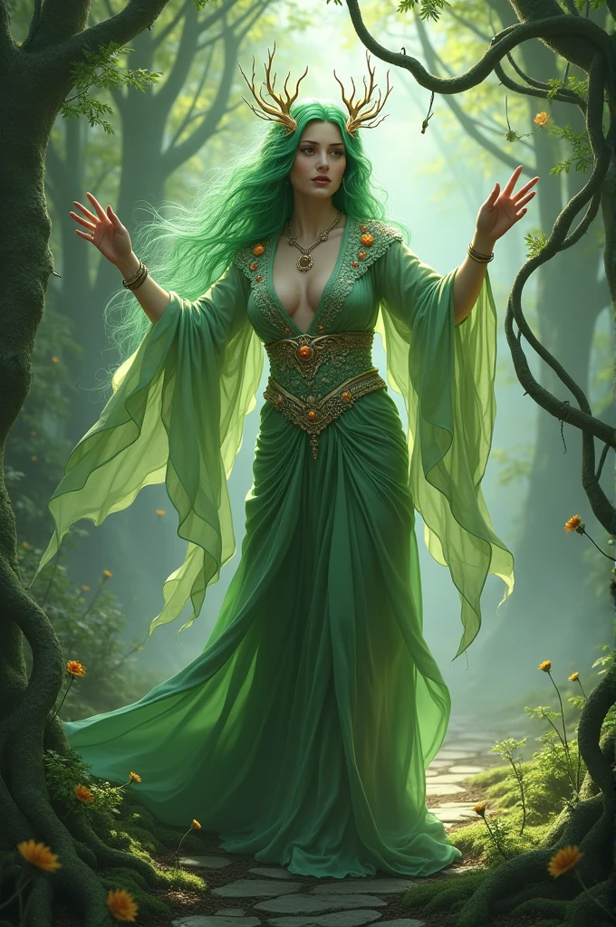 cinematic lighting, god rays, backlighting, ray tracing, UHD, masterpiece, super detail, high details, high quality, best quality, 4K, 8k, 16k, arafed woman in a green dress standing in a forest, goddess of the forest, queen of the forest, fey queen of the summer forest, goddess of nature, queen of nature, dryad in the forest, earth goddess mythology, beautiful elegant dryad, nature goddess, elfic priestess, beautiful and elegant elf queen, beautiful elven princess
