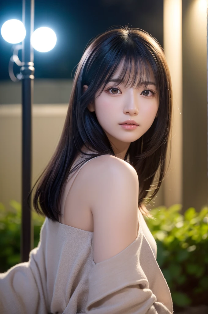the Extremely Detailed CG Unity 8K Wallpapers、top-quality、ultra-detailliert、​masterpiece、Fixed focus lens, Full face portrait、Sheer white ruffled dress、realisitic、Photo Real、extremely detailed cute girl、solo、sixteen years old、side glance, Melancholy look, background of night view, A dark-haired, out of focus、blur、f1.2, front face