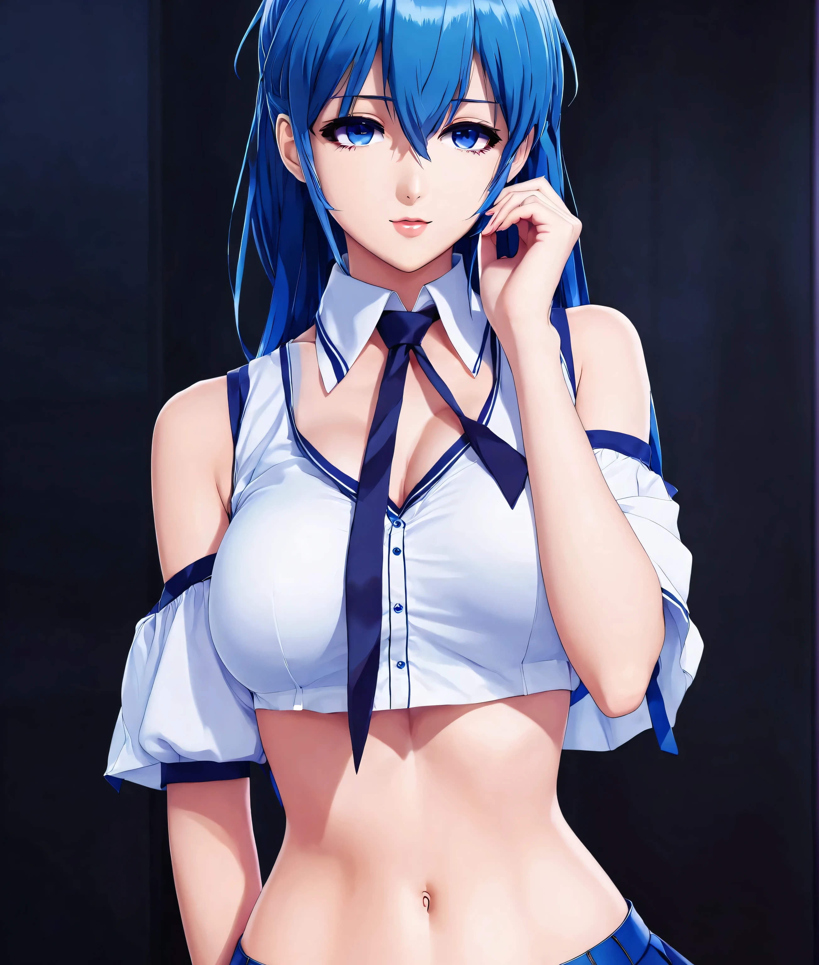 anime girl with blue hair and a blue collared top, gapmoe yandere, gapmoe yandere grimdark, anime moe artstyle, seductive anime girl, yandere, rei hiroe, anime visual of a cute girl, misato katsuragi, yandere. tall, smooth anime cg art, (anime girl), 2 d anime