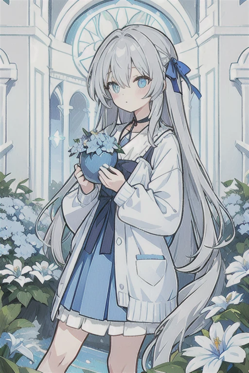 Gray hair、Very long hair · side tail on the right side · eyes of a different color 、Left eye is light blue、Right eye is gray · flower-shaped pupil · loose blouse · light blue cardigan · light blue skirt · gray ribbon attached to collar · girl · quiet · light blue flower field · holding light blue flowers · top quality