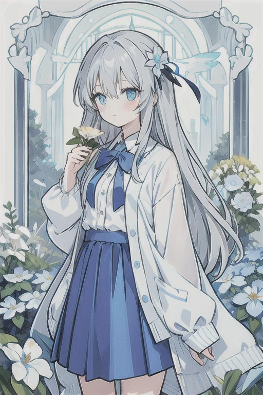 Gray hair、Very long hair · side tail on the right side · eyes of a different color 、Left eye is light blue、Right eye is gray · flower-shaped pupil · loose blouse · light blue cardigan · light blue skirt · gray ribbon attached to collar · girl · quiet · light blue flower field · holding light blue flowers · top quality