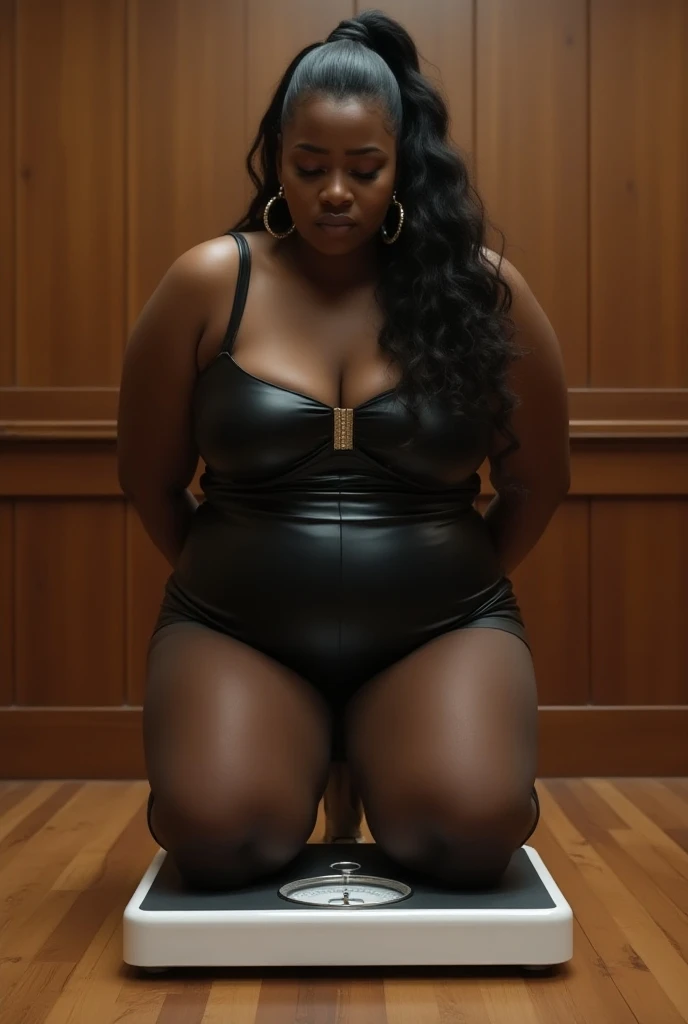 50 year old, fat,l body, black skin, African, big twist braids in a pin up bun, glasses, negra, full body, naked below waist, pantyhose, tights, high heels, spread legs, plump vagina.