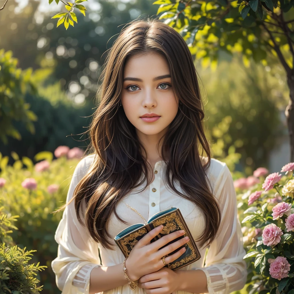 a girl with long brown hair and blue eyes, wearing a modest dress standing in a peaceful garden, surrounded by colorful flowers and butterflies, holding a bible in her hands, radiating a gentle and peaceful aura, soft sunlight shining on her face, giving a serene and tranquil atmosphere, capturing the innocence and purity of a good Christian girl, painted in a realistic style with high resolution and ultra-detailed brushstrokes, highlighting the exquisite details of her face, hair, and dress, creating a masterpiece of religious art.