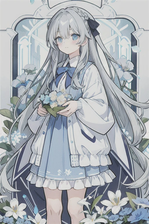 Gray hair、Very long hair · side tail on the right side · eyes of a different color 、Left eye is light blue、Right eye is gray · flower-shaped pupil · loose blouse · light blue cardigan · light blue skirt · gray ribbon attached to collar · girl · quiet · light blue flower field · holding light blue flowers · top quality