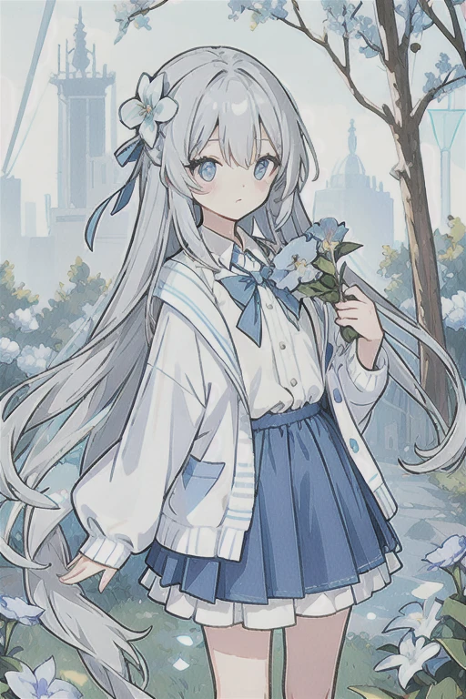 Gray hair、Very long hair · side tail on the right side · eyes of a different color 、Left eye is light blue、Right eye is gray · flower-shaped pupil · loose blouse · light blue cardigan · light blue skirt · gray ribbon attached to collar · girl · quiet · light blue flower field · holding light blue flowers · top quality