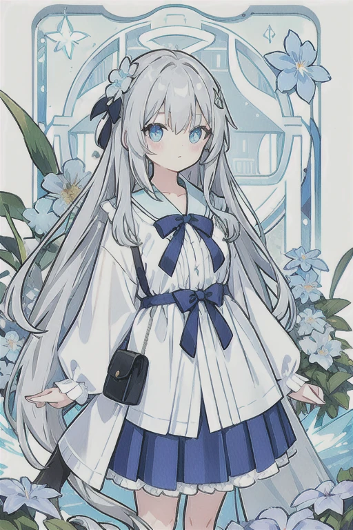 Gray hair、Very long hair · side tail on the right side · eyes of a different color 、Left eye is light blue、Right eye is gray · flower-shaped pupil · loose blouse · light blue cardigan · light blue skirt · gray ribbon attached to collar · girl · quiet · light blue flower field · holding light blue flowers · top quality