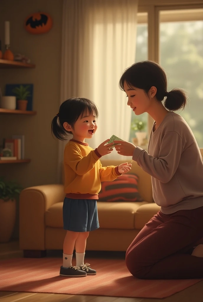 A boy giving money to his mom real life in the living room
