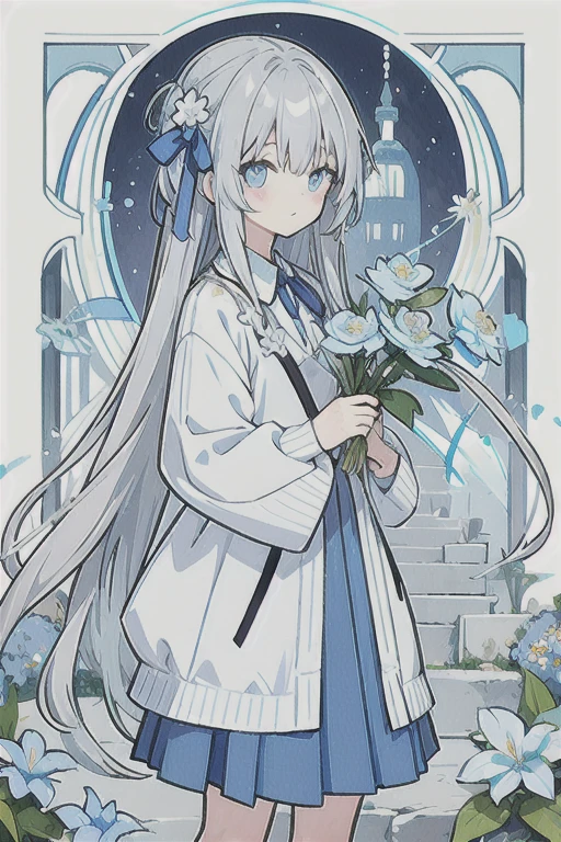 Gray hair、Very long hair · side tail on the right side · eyes of a different color 、Left eye is light blue、Right eye is gray · flower-shaped pupil · loose blouse · light blue cardigan · light blue skirt · gray ribbon attached to collar · girl · quiet · light blue flower field · holding light blue flowers · top quality