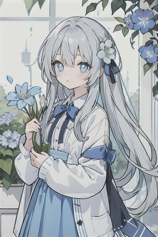 Gray hair、Very long hair · side tail on the right side · eyes of a different color 、Left eye is light blue、Right eye is gray · flower-shaped pupil · loose blouse · light blue cardigan · light blue skirt · gray ribbon attached to collar · girl · quiet · light blue flower field · holding light blue flowers · top quality