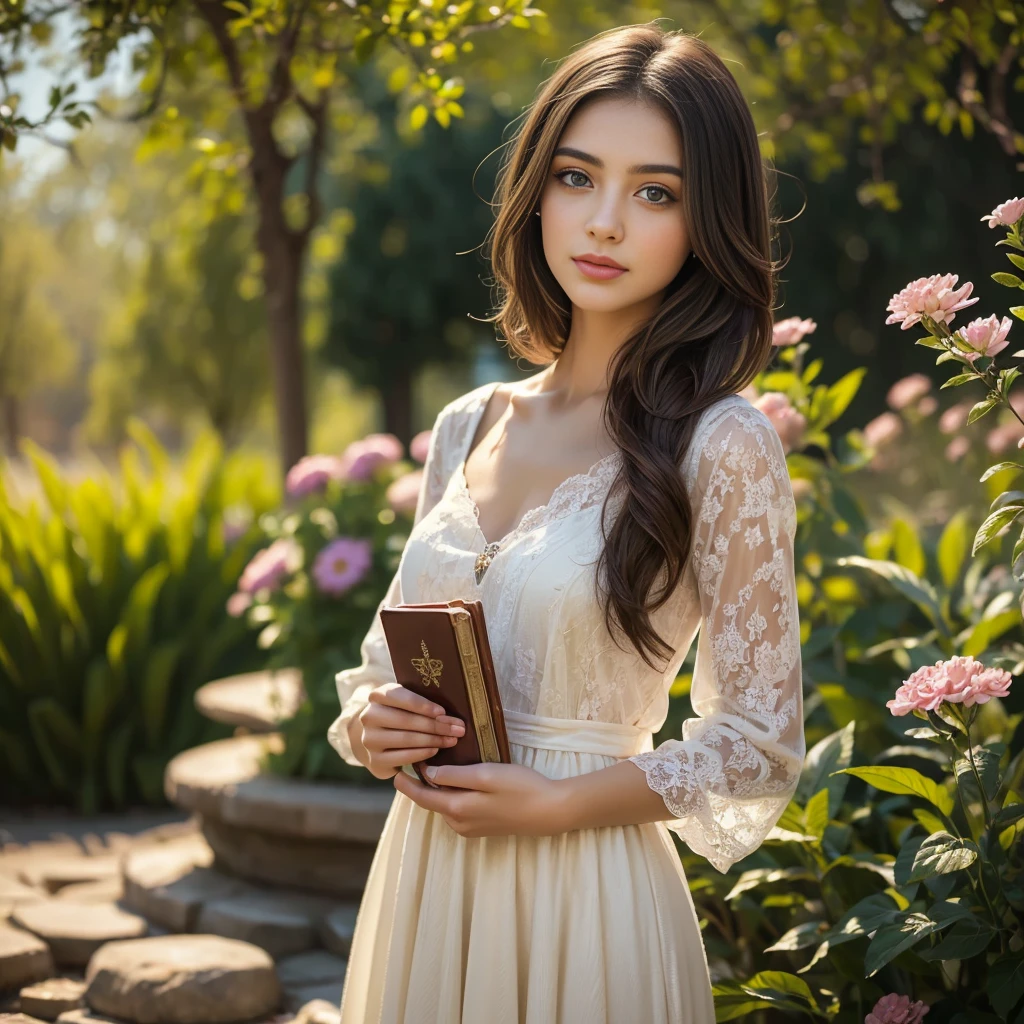 a girl with long brown hair and blue eyes, wearing a modest dress standing in a peaceful garden, surrounded by colorful flowers and butterflies, holding a bible in her hands, radiating a gentle and peaceful aura, soft sunlight shining on her face, giving a serene and tranquil atmosphere, capturing the innocence and purity of a good Christian girl, painted in a realistic style with high resolution and ultra-detailed brushstrokes, highlighting the exquisite details of her face, hair, and dress, creating a masterpiece of religious art.