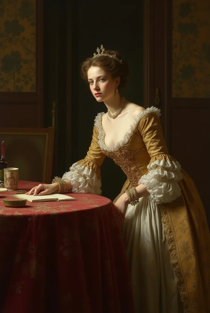An aristocratic English countess in 19 th-century standing near a table ...
