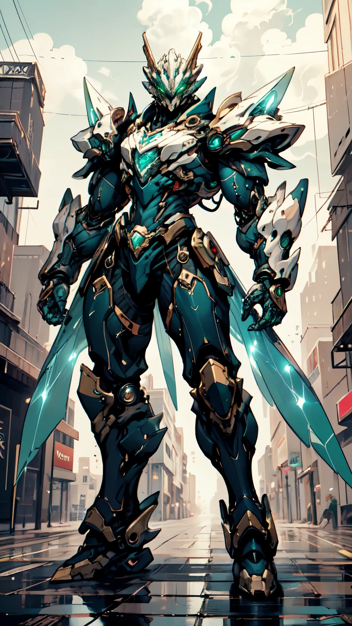 (masterpiece:1.5, best quality:1.5, extremely delicate:1.5), ((male:1.5)), Biomimetic humanoid Mecha, green eyes, fully enclosed shoulder guards, matching arm and leg guards, gemstone, full body, full armor, the design balances heavy with agility, organic biotech armor, (the color scheme is primarily White with Blue and Red accents, concept Inspired by Lion, glowing eyes, the armor glows), standing, floating high above the futuristic sci-fi city, exquisite and mature art style, metallic, dramatic, high definition, highres, ultra-detailed, ultra-fine painting, professional, anatomically correct, symmetrical face, extremely detailed eyes and face, high quality eyes, creativity, RAW photo, UHD, 32k, Natural light, cinematic lighting, (masterpiece-anatomy-perfect:1.2)