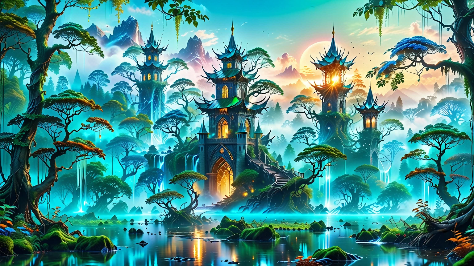 A Masterpiece In 32K Resolution, Supreme Quality, Super Detail, Official Art, Very High-Resolution 32K Wallpaper, Beautiful And Aesthetic, Ultra-Detailed Features, Awe-Inspiring Detail. Massive Trees Tower Over A Misty Enchanted Forest, Their Roots Tangled With Glowing Blue Fungi. Crystal Clear Rivers Flow Through Lush, Emerald Green Fields. A Glittering Elven Palace Stands Amidst The Canopy, Its Towers Reflecting The Sunlight, Creating A Magical Aura.