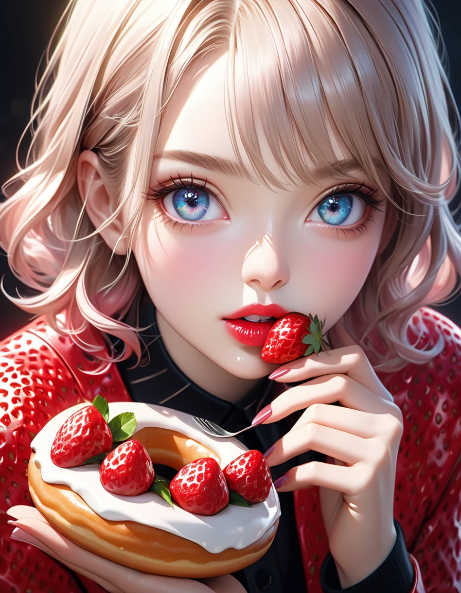 A blonde teenager with medium, straight hair, red cherry juice