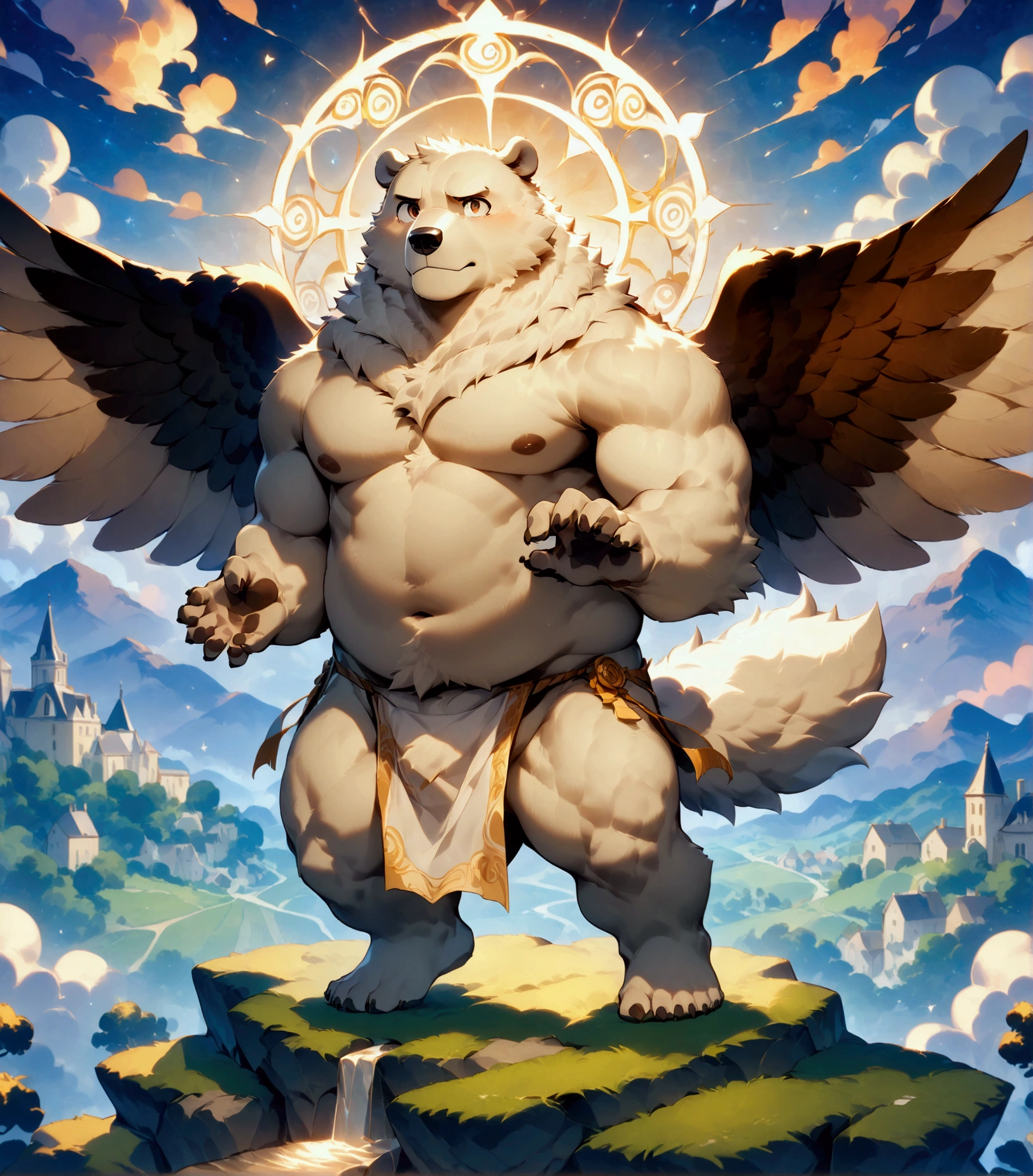 character focus, full body, looking away, dynamic angle, chibi, angel, a plump middle-aged polar bear man, angel wings, happy, light smile, loincloth, rushing wind, hold with both hands quantum electromagnetic life form sacred sphere, spinning fly, dynamic pose, BREAK complete anatomy, perfect proportions, beautiful thigh gap, fluffy body, intricate fur details, beautiful fur texture, BREAK detailed bear tail, detailed toe, 5toes, 5toes nails, beautiful foot, detailed hands, 5fingers, 5fingers nails, BREAK cute face, aesthetic anime face, insanity detailed face, male face, big face, square jawline, aesthetic anime eyes, detailed brown eyes, detailed brown cornea, detailed dark brown irises, detailed pupils, male eyes, big eyes, male eyebrows, innocent look, beautiful beard, BREAK full body in Michelangelo Buonarroti style, digital illustration anime, housamo style, detailed painting landscape, twilight, kaleidoscopic swirls, france, outdoor, full body, HDR, BREAK masterpiece, official art, best quality, very aesthetic, absurdres, super fine illustration, great quality, BREAK noise reduction, very highres, large filesize, high quality, 32K, 8k wallpaper, dynamic lighting, BREAK insanity detailed, ultra detailed, intricate details, extremely detailed, detailed texture, an extremely delicate and beautiful, BREAK osukemo, e621 illustration, Fur Affinity illustration, kemohomo, anthropomorphic, furry, cartoon, harmonious body, pastoral face, virtuous eyes, epic atmosphere