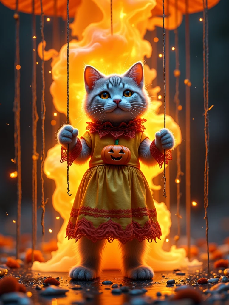  background A super giant flame manipulates the background A cat that looks like a puppet with a thread， in a cute furry gold gradient cat standing ， Wearing a Halloween mopping dress ， acting as a string puppet ， Pose all kinds of puppets ，Multiple angles，Exaggerated and bizarre ， with a pumpkin necklace ， with a funny expression ， dark style ， with an oversized close-up of the face ， Surrealist shooting ，8K Wallpaper， cinematic blockbuster ， orange black tone ， High saturation and high contrast 