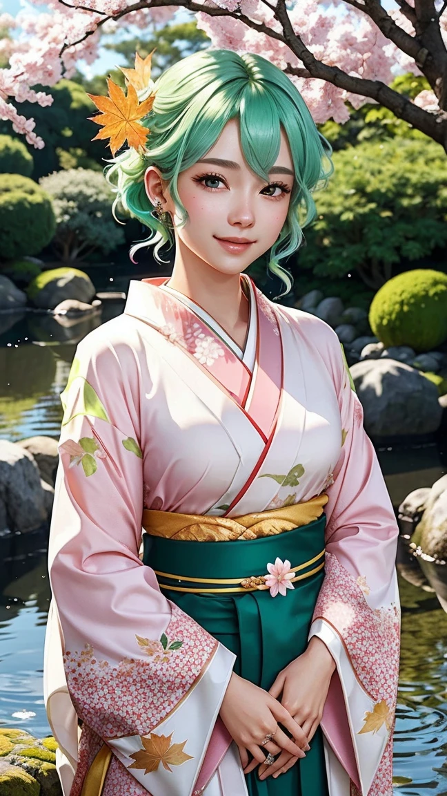 (masterpiece), (best quality), 8k resolution, ultra-detailed, hyper-detailed, realistic, photograph, photorealism, (1girl), at the Japan traditional village, beautiful girl, Mitsuri Kanroji, stunning beauty, stand, cool pose, sexy, cinematic light, pink and green hair, happy, smile