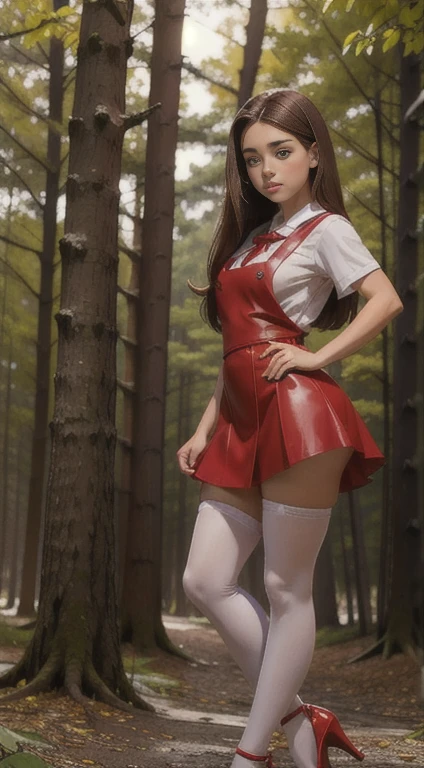 cute teen beautiful schoolgirl, beautiful cute teen face, red leather skater pinafore dress, transparent white blouse, brunet long hair, beautiful eyes. stockings, high heels shoes, schoolgirl teenager stands in the forest, photorealistic, curvy figure, грустное лицо, открытый рот.