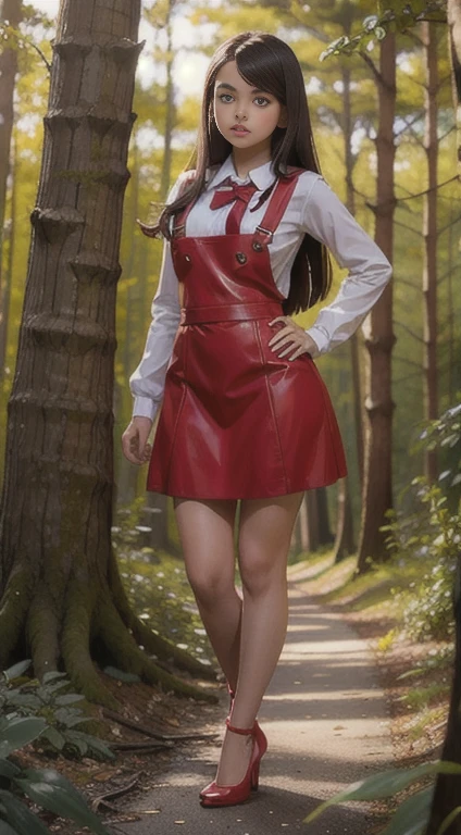 cute teen beautiful schoolgirl, beautiful cute teen face, red leather skater pinafore dress, transparent white blouse, brunet long hair, beautiful eyes. stockings, high heels shoes, schoolgirl teenager stands in the forest, photorealistic, curvy figure, грустное лицо, открытый рот.