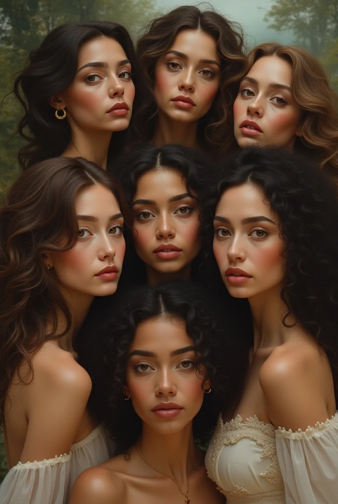A group of named women, women(masterpiece, best quality), a group of deep ebony and dark tanned skinned Asian women, four women:1.1, beautiful faces, massive curly afros, topless