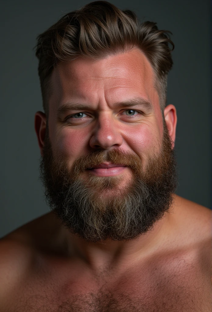 Create an image of a fat Viking with the following facial features:
- Face shape: Round and full face
- Eyes: Brown eyes
- Nose: Wide nose
- Mouth: Small and pink mouth
- Apples of the face: Slightly pronounced apples of the face
- Beard: Full and dark beard