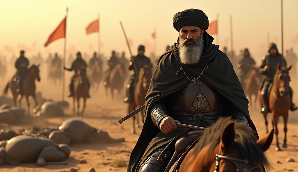 Tariq Ibn Ziyad walking in the harbor wearing full armour, around his soldiers, 711 AD