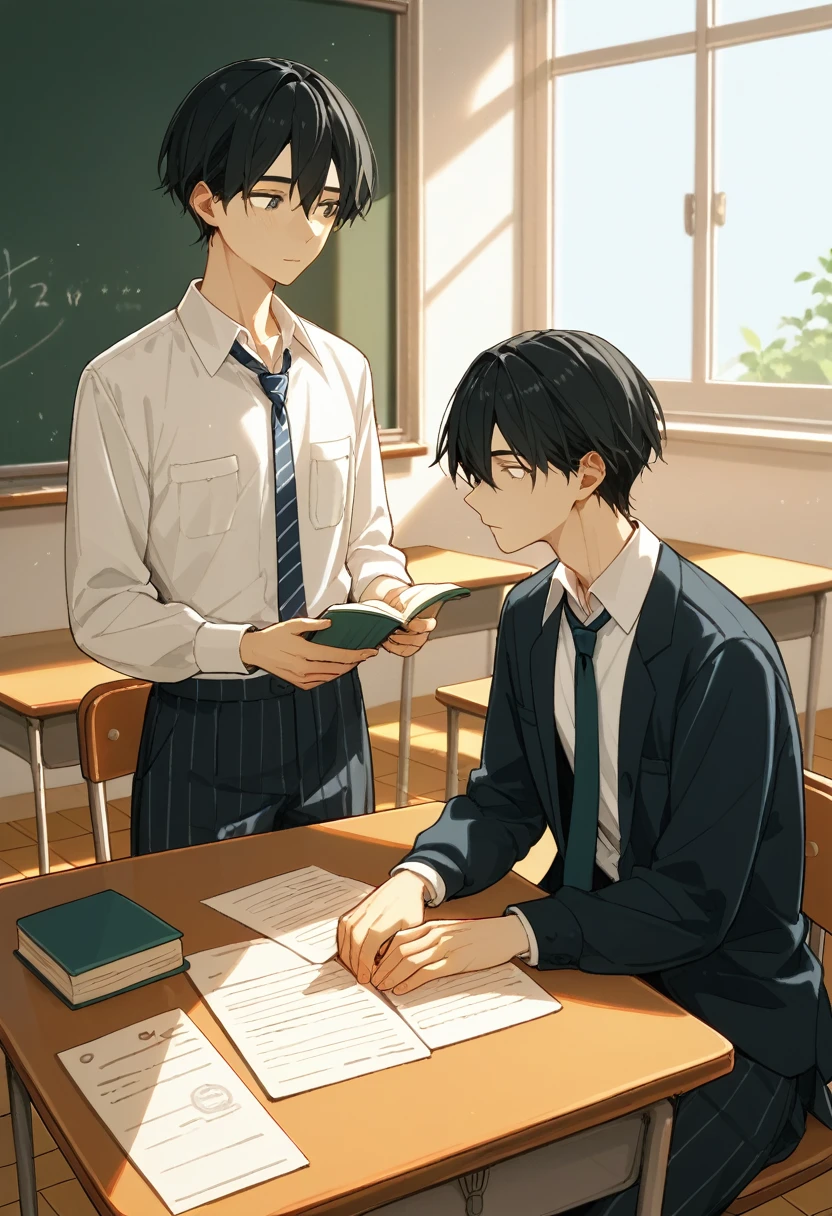  2 15-year-old boys 、 male high school students sitting at their desks are studying，、 sitting at a desk 、 white shirt、 loose necktie、Fair skin、Slim body、Two 、School classroom、Black Hair、Summer sunlight、Love between men 、Unrequited love、 long bangs、