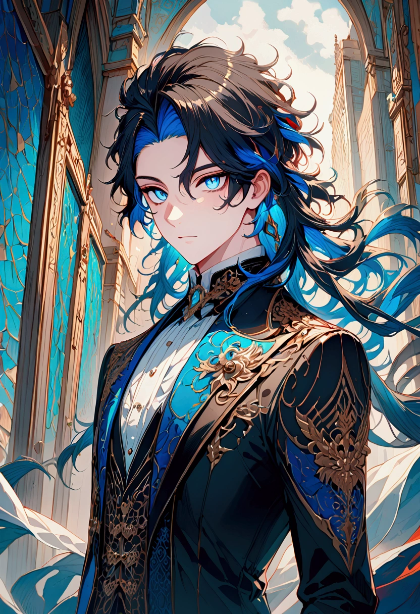 (black_hair_tips), (curtain_mullet), (vibrant_blue_eyes), (Handsome), (Attractive), (male),(wears_black_suit), ((detailed_Hair)), ((detailed)), (vertical_slit_pupils_color)), ((highly_detailed_eyes)), (detailed_mouth), (late_), (dark_under_eyes), (highly_refined)