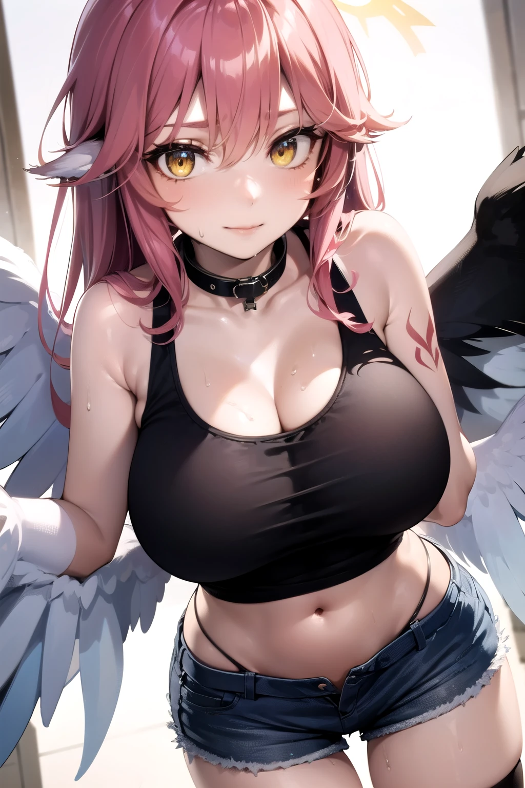 jibril, BREAK jibril, angel, angel wings, collar, animal ears, bird ears, compass rose halo, belly button, feathered wings, feathers, gradient hair, halo, long hair, low wings, multicolored hair, pink hair, symbol-shaped pupils, tattoos, chest tattoos, breast tattoos, thigh tattoos, tattooed, big breast, bending over, white wings, wing ears, wings, (yellow eyes:1.5), seductive look, seductive smile, Shiny skin, wet, sweaty, sweat, oiled, big breast. Cleavage, clothing. Oil, lotion, slime, slimy. Big breast. Sexy, hot, attractive, alluring.
BREAK thighhighs, long gloves. Fully clothed. Midriff, tank top, short shorts. Sweating, dripping, steam, wet, dripping, hot, beer, pouring drink over body, slimy, slime, orgasmic face.
BREAK (masterpiece:1.2), best quality, high resolution, unity 8k wallpaper, (illustration:0.8), (beautiful detailed eyes:1.6), extremely detailed face, perfect lighting, extremely detailed CG, (perfect hands, perfect anatomy), narrow eyes.