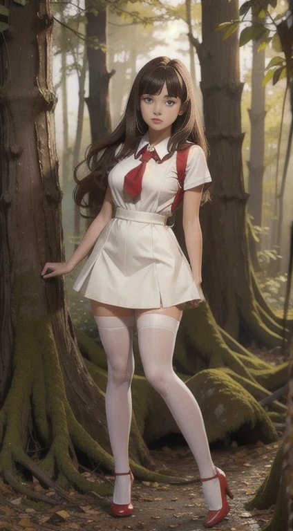 cute teen beautiful schoolgirl, beautiful cute teen face, red leather skater pinafore dress, transparent white blouse, brunet long hair, beautiful eyes. stockings, high heels shoes, schoolgirl teenager stands in the forest, photorealistic, curvy figure, грустное лицо, открытый рот.