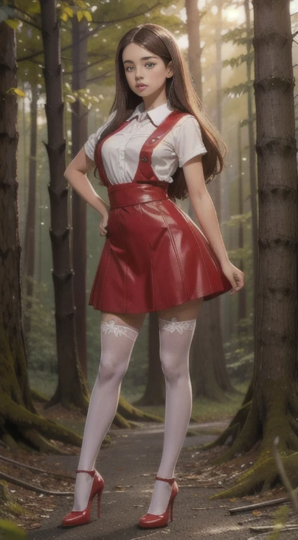 cute teen beautiful schoolgirl, beautiful cute teen face, red leather skater pinafore dress, transparent white blouse, brunet long hair, beautiful eyes. stockings, high heels shoes, schoolgirl teenager stands in the forest, photorealistic, curvy figure, грустное лицо, открытый рот.