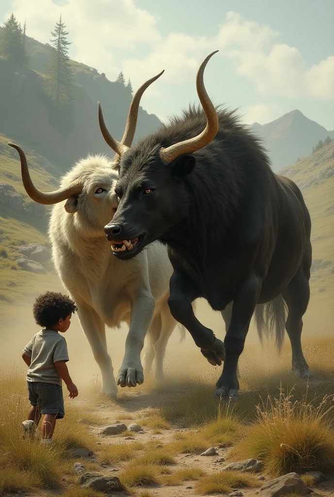 The boy is standing in front of a huge animal that is blocking the way of the people. The boy picks up a stone in his hand and prays. There is a look of faith on his face, and aggression on the face of the animal.