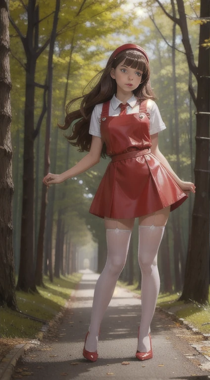 cute teen beautiful schoolgirl, beautiful cute teen face, red leather skater pinafore dress, transparent white blouse, brunet long hair, beautiful eyes. stockings, high heels shoes, schoolgirl teenager stands in the forest, photorealistic, curvy figure, грустное лицо, открытый рот.