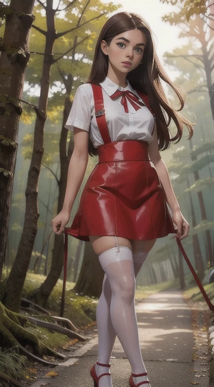 cute teen beautiful girl, beautiful cute teen face, red leather skater pinafore dress, transparent white blouse, brunet long hair, beautiful eyes. stockings, high heels shoes, schooleenager stands in the forest, photorealistic, curvy figure, грустное лицо, открытый рот.