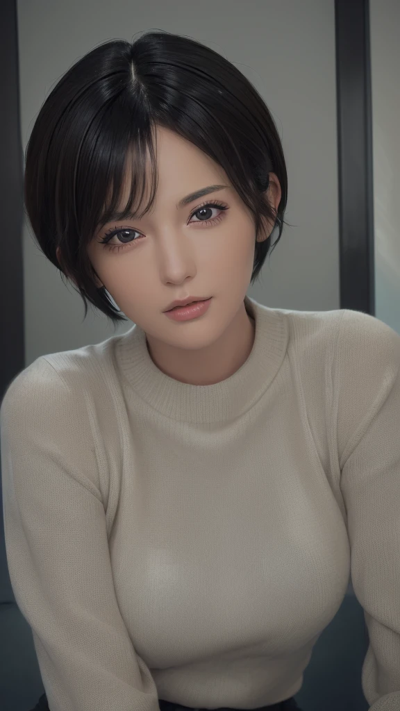 (masterpiece:1.3), (8k, photorealistic, RAW photo, best quality: 1.4), (1girl), beautiful face, (realistic face), (black hair, short hair:1.3), beautiful hairstyle, realistic eyes, beautiful detailed eyes, (realistic skin), beautiful skin, (sweater), absurdres, attractive, ultra high res, ultra realistic, highly detailed, golden ratio