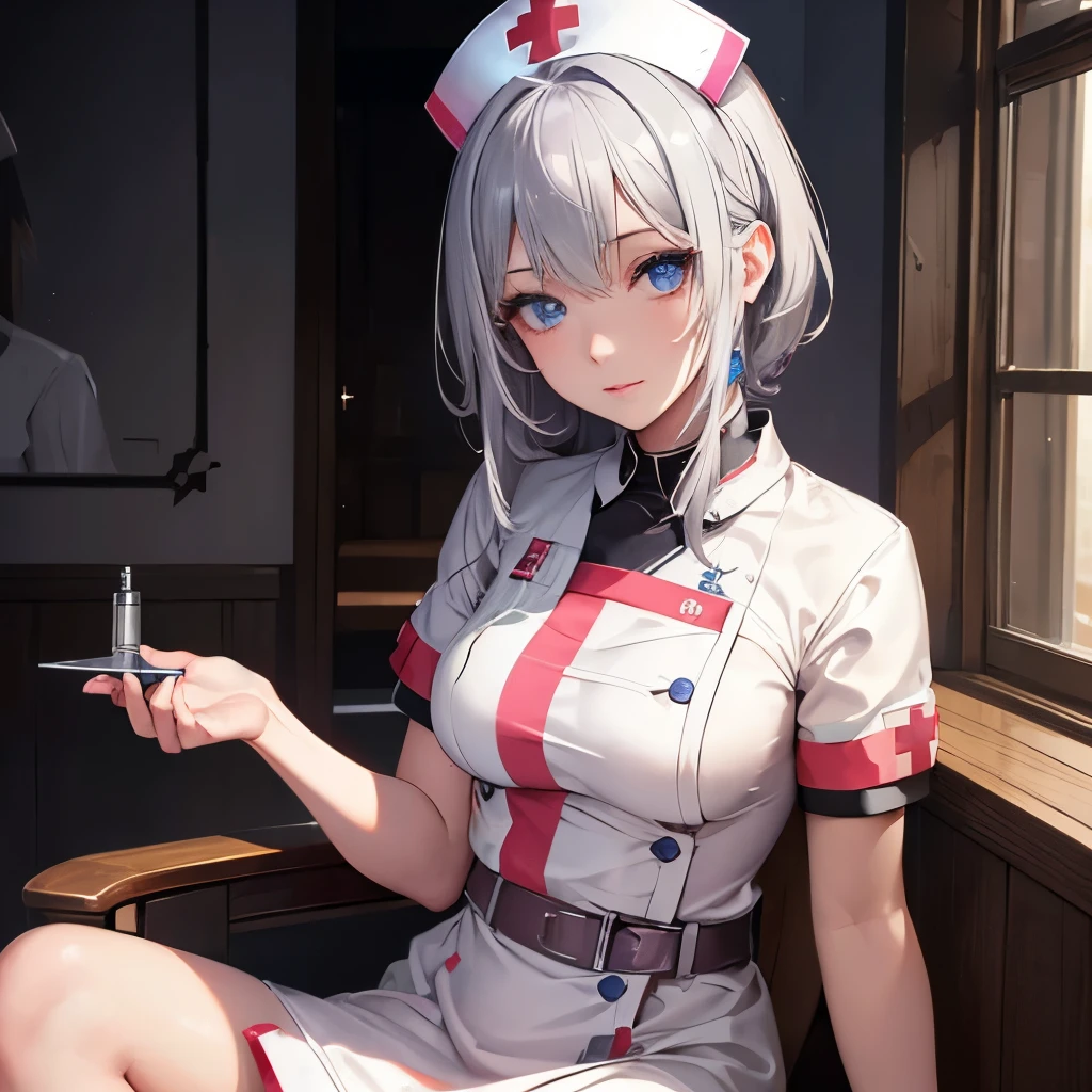 best quality, masterpiece,1girl, white hair,nurse ,plain,skyline, holding strap,