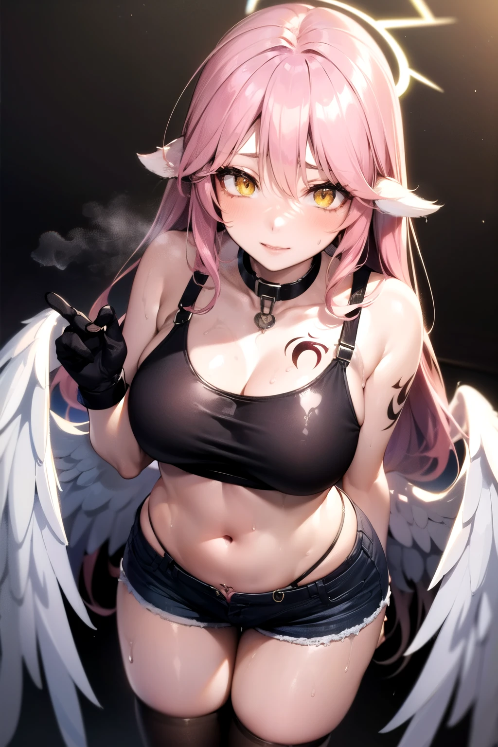 2 girls, albedo and jibril, BREAK jibril, angel, angel wings, collar, animal ears, bird ears, compass rose halo, belly button, feathered wings, feathers, gradient hair, halo, long hair, low wings, multicolored hair, pink hair, symbol-shaped pupils, tattoos, chest tattoos, breast tattoos, thigh tattoos, tattooed, big breast, bending over, white wings, wing ears, wings, (yellow eyes:1.5), seductive look, seductive smile, Shiny skin, wet, sweaty, sweat, oiled, big breast. Cleavage, clothing. Oil, lotion, slime, slimy. Big breast. Sexy, hot, attractive, alluring.
BREAK thighhighs, long gloves. Fully clothed. Midriff, tank top, short shorts. Sweating, dripping, steam, wet, dripping, hot, beer, pouring drink over body, slimy, slime, orgasmic face.
BREAK (masterpiece:1.2), best quality, high resolution, unity 8k wallpaper, (illustration:0.8), (beautiful detailed eyes:1.6), extremely detailed face, perfect lighting, extremely detailed CG, (perfect hands, perfect anatomy), narrow eyes. Break, albedo, horns, black hair, yellow eyes, midriff, short shorts.