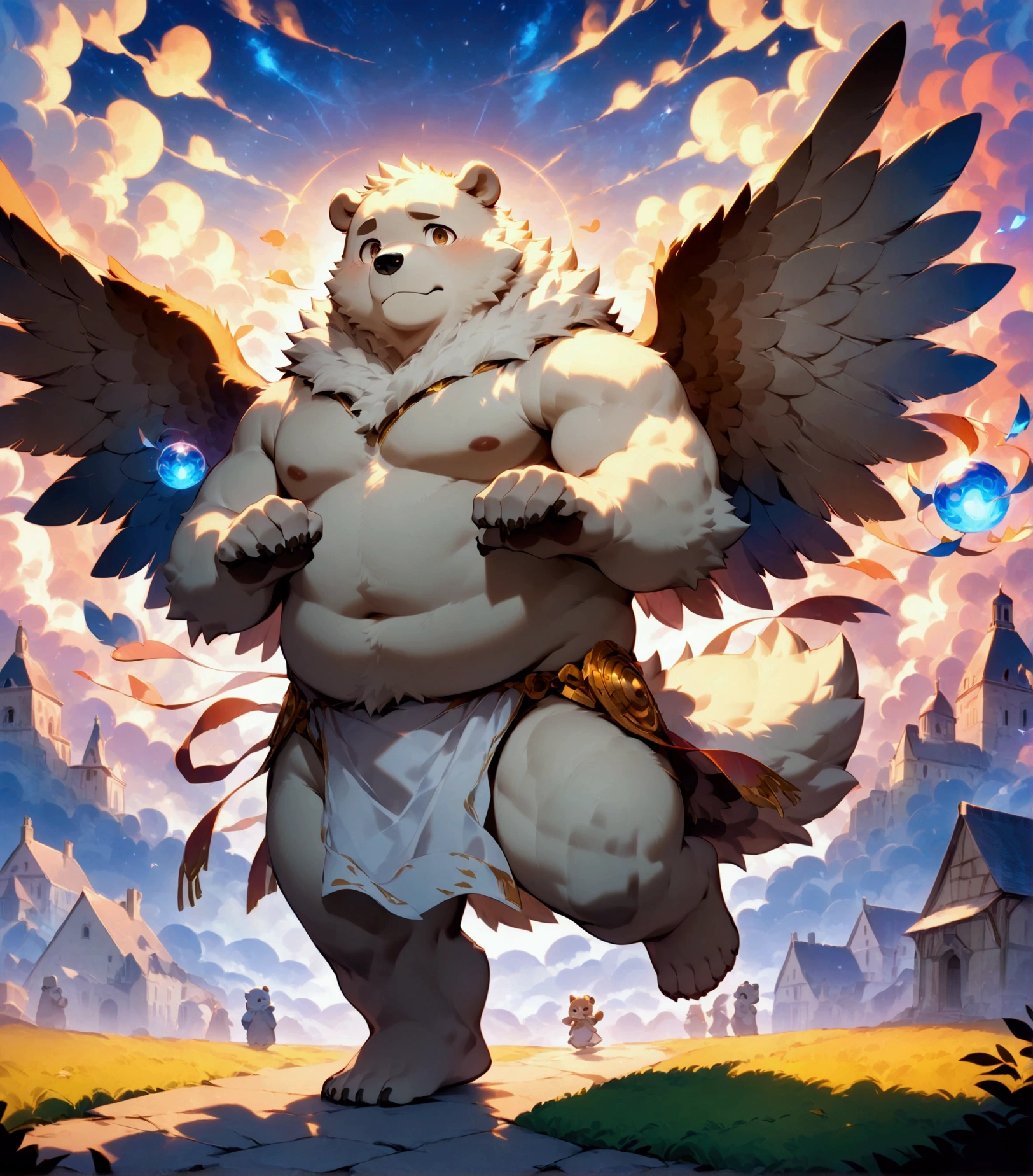 character focus, full body, looking away, dynamic angle, chibi, angel, a plump middle-aged polar bear man, angel wings, happy, light smile, loincloth, rushing wind, hold with both hands quantum electromagnetic life form sacred sphere, spinning fly, dynamic pose, BREAK complete anatomy, perfect proportions, beautiful thigh gap, fluffy body, intricate fur details, beautiful fur texture, BREAK detailed bear tail, detailed toe, 5toes, 5toes nails, beautiful foot, detailed hands, 5fingers, 5fingers nails, BREAK cute face, aesthetic anime face, insanity detailed face, male face, big face, square jawline, aesthetic anime eyes, detailed brown eyes, detailed brown cornea, detailed dark brown irises, detailed pupils, male eyes, big eyes, male eyebrows, innocent look, beautiful beard, BREAK full body in Michelangelo Buonarroti style, digital illustration anime, housamo style, detailed painting landscape, twilight, kaleidoscopic swirls, france, outdoor, full body, HDR, BREAK masterpiece, official art, best quality, very aesthetic, absurdres, super fine illustration, great quality, BREAK noise reduction, very highres, large filesize, high quality, 32K, 8k wallpaper, dynamic lighting, BREAK insanity detailed, ultra detailed, intricate details, extremely detailed, detailed texture, an extremely delicate and beautiful, BREAK osukemo, e621 illustration, Fur Affinity illustration, kemohomo, anthropomorphic, furry, cartoon, harmonious body, pastoral face, virtuous eyes, epic atmosphere