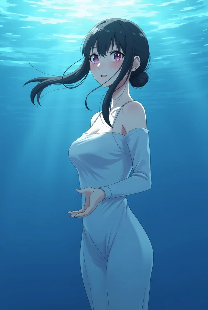 White hair band、Red eyes、Black Hair、Yor Briar、smile、Angles from under water、Being in the water、Swimming、Bubble、seabed、Floating、Float your legs、Floats in water