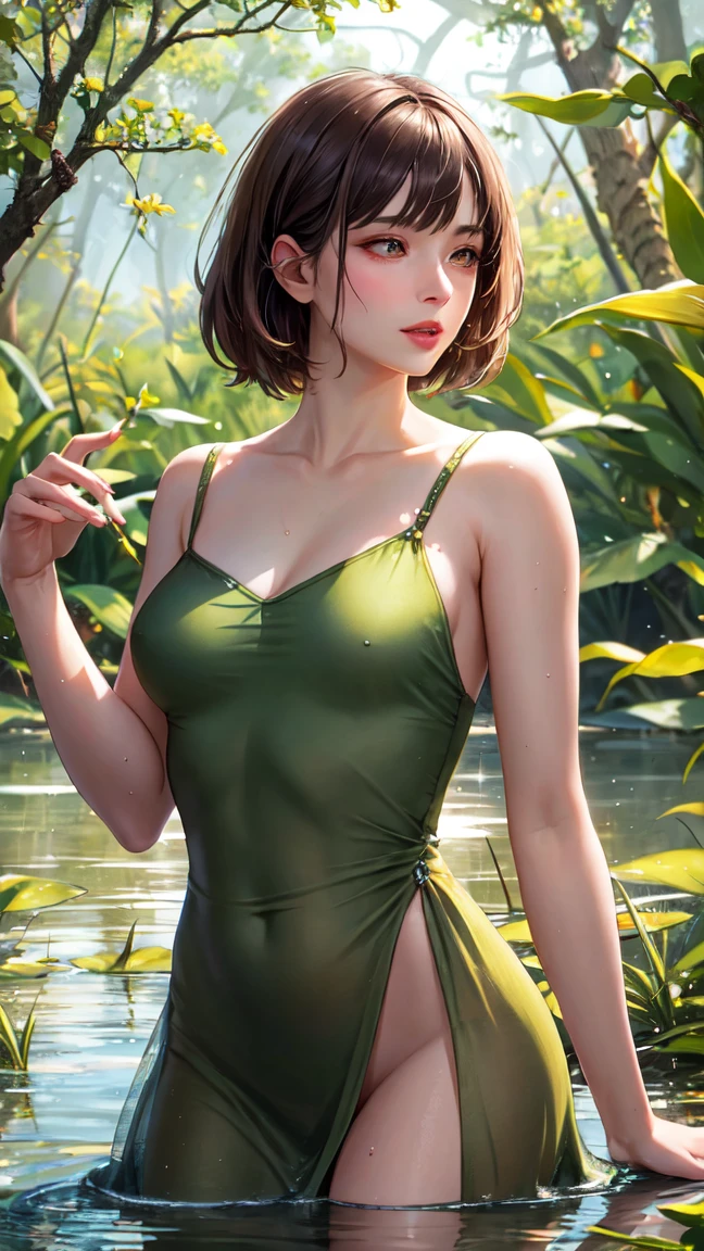 A young woman sat on top of a camp in the jungle. It was a rainy day. She was wearing a sexy short dress. Her hips were bad. She kept liquor bottles nearby. It was evening time.