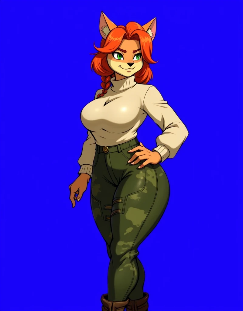 (Best quality,4K,8 k,A high resolution,masterpiece:1.2),ultra detailed,realistic:1.37,portrait,anthro bandicoot girl red, Braided hair, beautiful green eyes, sexual ,seductive, warm sweater, camouflage pants, grinning, , Anthro Girl , sweater, camouflage pants, He approaches the viewer